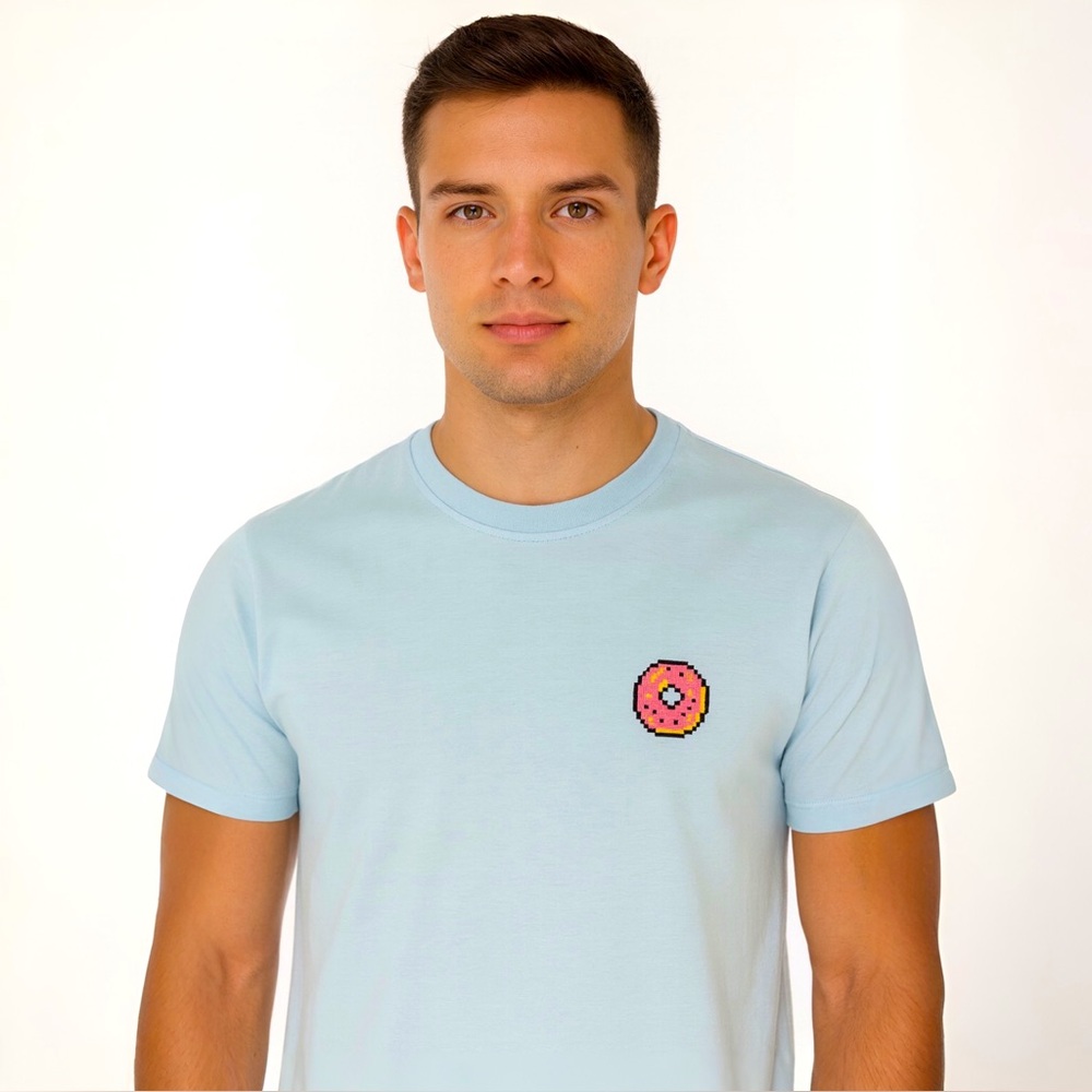 BRICKTOWN Baby Blue Pixel Donut Embroidery T-Shirt Men’s European